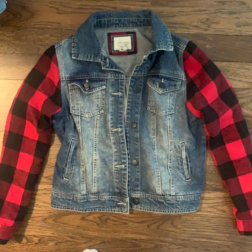 Forever 21 Jean jacket with plaid sleeves